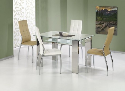 Pikowane krzesła bez podłokietników ze skóry ekologicznej w zestawie ze szklanym stołem