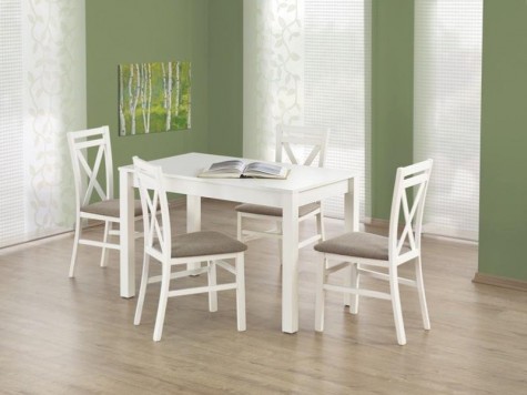 Klasyczny zestaw mebli z nierozkładanym stołem i drewnianymi krzesłami z tapicerowanym siedziskiem