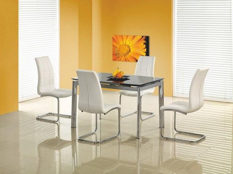 Rozkładany stół ze szklanym blatem w zestawie z pikowanymi krzesłami ze skóry ekologicznej