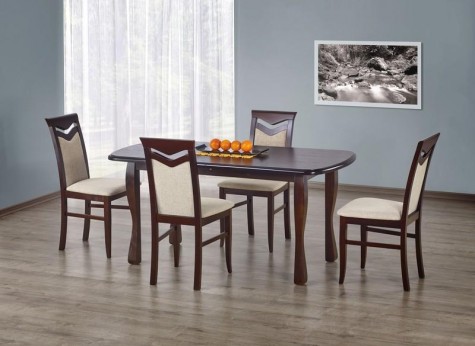 Stół na drewnianych nogach rozkładany do 240 cm w towarzystwie tapicerowanych krzeseł