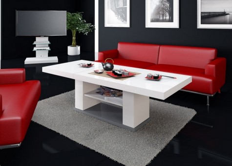 Luksusowy salon z czerwonym wypoczynkiem i białą ławą w wysokim połysku z półką na drobiazgi