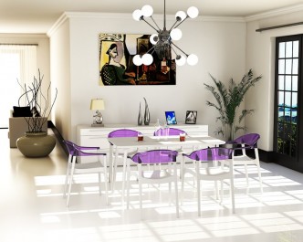 Designerskie krzesła z fioletowymi oparciami i prostokątny biały stół jako uzupełnienie salonu z połyskującą podłogą