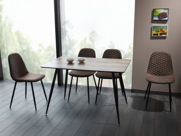 Krzesła tapicerowane ekologiczną skórą oraz stół z prostokątnym blatem na metalowych czarnych nogach
