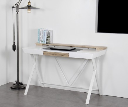 Skandynawskie biurko z nadstawką i pojemną szufladą na metalowych nogach