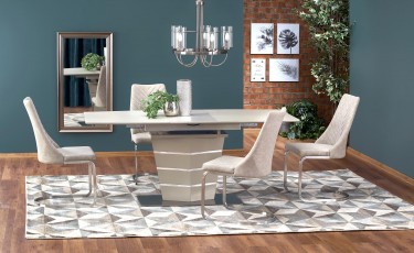 Stół na jednej nodze z prostokątnym blatem oraz krzesła tapicerowane na płozach