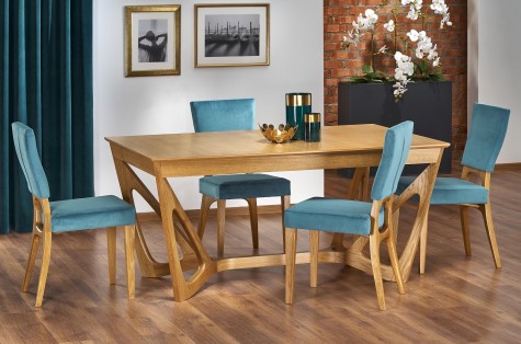 Stół do jadalni na stylowych nogach z prostokątnym blatem oraz tapicerowane krzesła