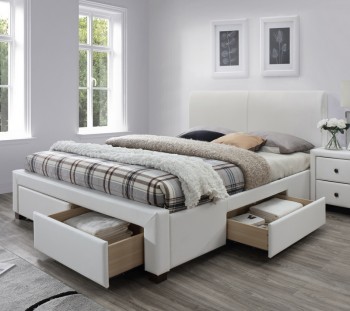 Białe łóżko z szufladami tapicerowane ekoskórą Modena 2