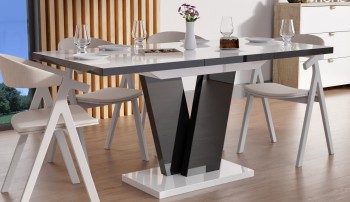 Designerski stół rozkładany Niko w połysku z białym blatem i czarną nogą