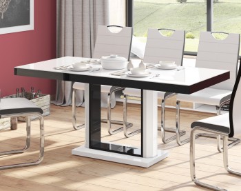 Rozkładany stół w wysokim połysku Quadro 120 z białym blatem i czarną obwódką