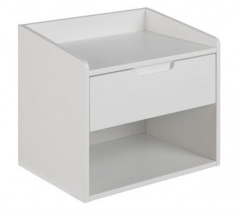 Biała szafka nocna z otwartą półką i szufladą Dimeo