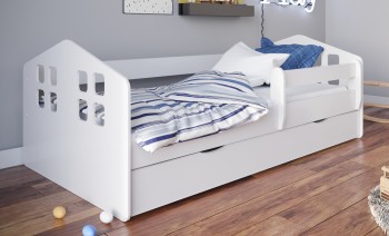 Białe łóżko dziecięce z szufladą i materacem Kacper