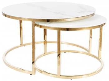 Zestaw okrągłych stolików glamour na złotej podstawie Muse