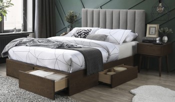 Drewniane łóżko z szufladami i tapicerowanym zagłówkiem Gorashi 160