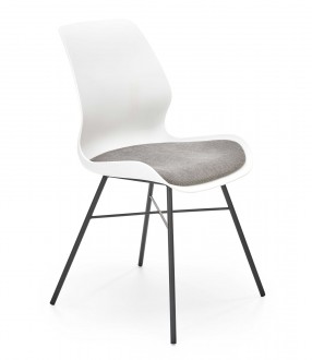 Białe krzesło do jadalni z szarym tapicerowanym siedziskiem K488