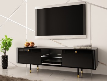 Czarna szafka RTV na nóżkach ze złotymi dodatkami Cristal 1