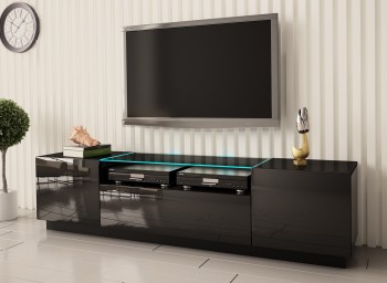 Czarna szafka RTV ze szklaną półką i oświetleniem Alta 1