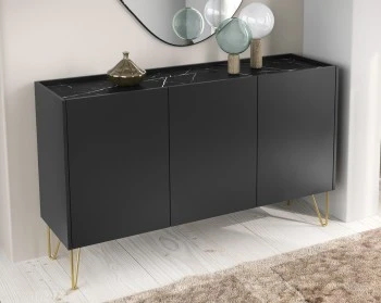 Trzydrzwiowa komoda glamour HK144 czarny grafit z imitacją marmuru