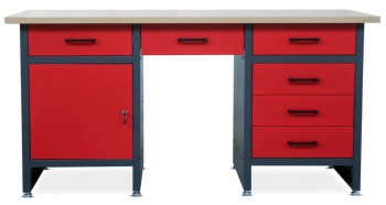 Szeroki stół warsztatowy z szafką i szufladami Frank antracytowo-czerwony