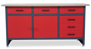 Duży stół warsztatowy z szafkami i szufladami Henry antracytowo-czerwony