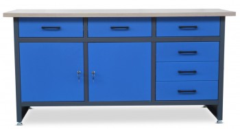Duży stół warsztatowy z szafkami i szufladami Henry antracytowo-niebieski