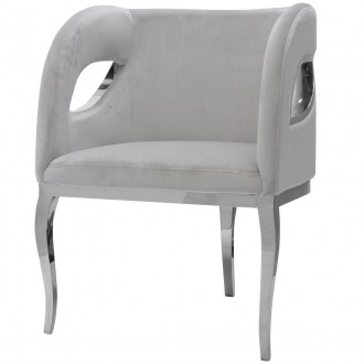 Szary fotel welurowy w stylu glamour Morello na srebrnych nogach