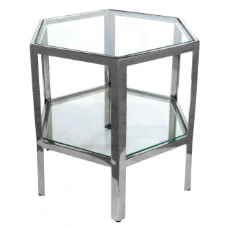 Szklany stolik geometryczny z półką Quadrum chromowany