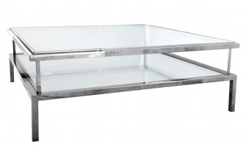 Srebrny stolik kawowy z półką i szklanym blatem Janssen 100 cm