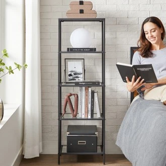 Metalowy regał loft z 5 półkami szklanymi Comiso 029