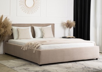 Beżowe łóżko tapicerowane Inez 160x200 cm tkanina welurowa sztruksowa
