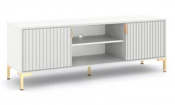 Biała szafka RTV z ryflami Torello 140 cm, nóżki złote
