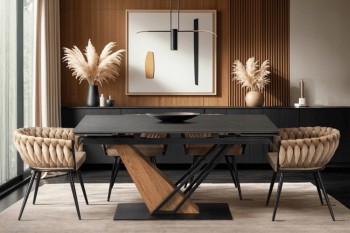 Ceramiczny stół rozkładany loft Rex 160-220 cm, czarny marmur/orzech