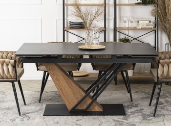 Ceramiczny stół rozkładany loft Rex 160-220 cm, czarny marmur/orzech