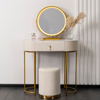 Toaletka z lustrem Ashley Mini - LED, pufa, glamour, beżowo-złota