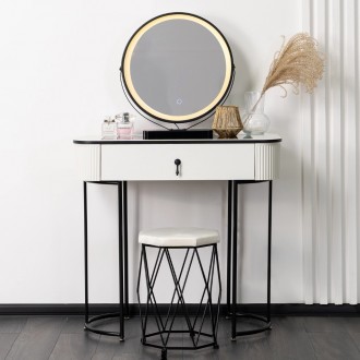 Ryflowana toaletka kosmetyczna Emporia Mini - szuflada, lustro LED, pufa