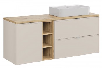 Szafka Bella 140 cm z koszem na pranie, umywalką i regałem, kaszmir/dąb artisan