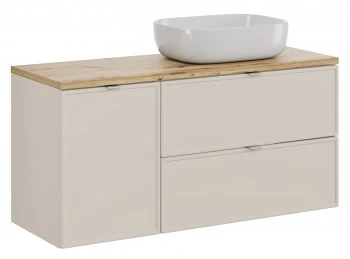 Szafka łazienkowa Bella 120 cm z koszem na pranie i umywalką, kaszmir/dąb artisan