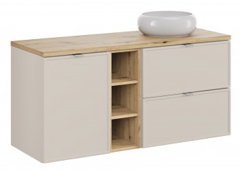Szafka Bella 120 cm z koszem na pranie, umywalką i regałem kaszmir/dąb artisan