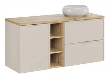 Szafka Bella 120 cm z koszem na pranie, umywalką i regałem kaszmir/dąb artisan