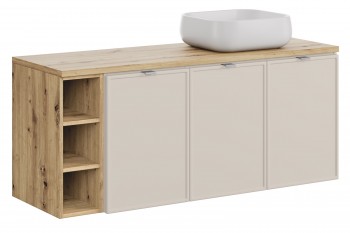 Trzydrzwiowa szafka łazienkowa Bella 140 cm z regałem i umywalką, kaszmir/dąb artisan