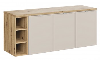 Trzydrzwiowa szafka łazienkowa Bella 140 cm z regałem i blatem, kaszmir/dąb artisan