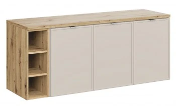 Trzydrzwiowa szafka łazienkowa Bella 140 cm z regałem i blatem, kaszmir/dąb artisan
