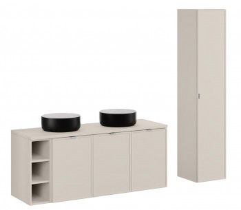 Zestaw łazienkowy Bella 099 kaszmir - słupek, szafka 140 cm z regałem i umywalkami