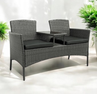 Meble ogrodowe Ratina NM-03, dwuosobowa sofa ze stolikiem, kolor szary, poduszki szare