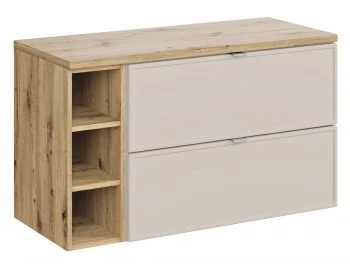 Wisząca szafka łazienkowa Bella 100 cm z blatem i regałem, kaszmir/dąb artisan