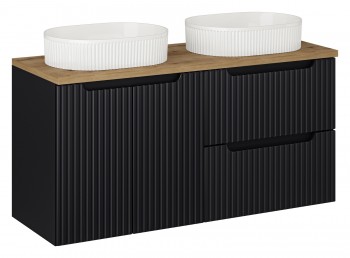 Szafka łazienkowa 120 cm Nova z białymi umywalkami Beyond, czarny mat/dąb coast evoke