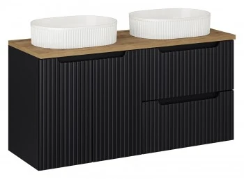 Szafka łazienkowa 120 cm Nova z białymi umywalkami Beyond, czarny mat/dąb coast evoke