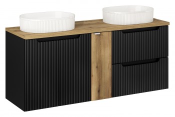 Szafka łazienkowa Nova 140 cm z białymi umywalkami Beyond, czarny mat/dąb coast evoke