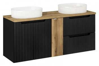 Szafka łazienkowa Nova 140 cm z białymi umywalkami Beyond, czarny mat/dąb coast evoke