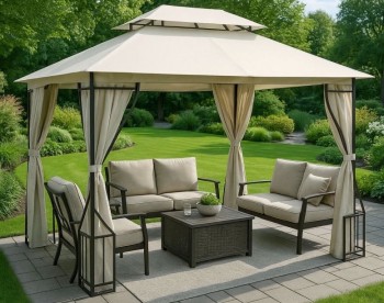 Pawilon ogrodowy Gardelux 3x4 m - moskitiera, 4 pełne ścianki, beżowy