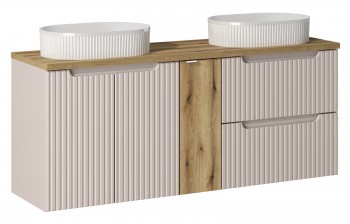 Szafka łazienkowa Nova 140 cm z białymi umywalkami Beyond, kaszmir/dąb coast evoke